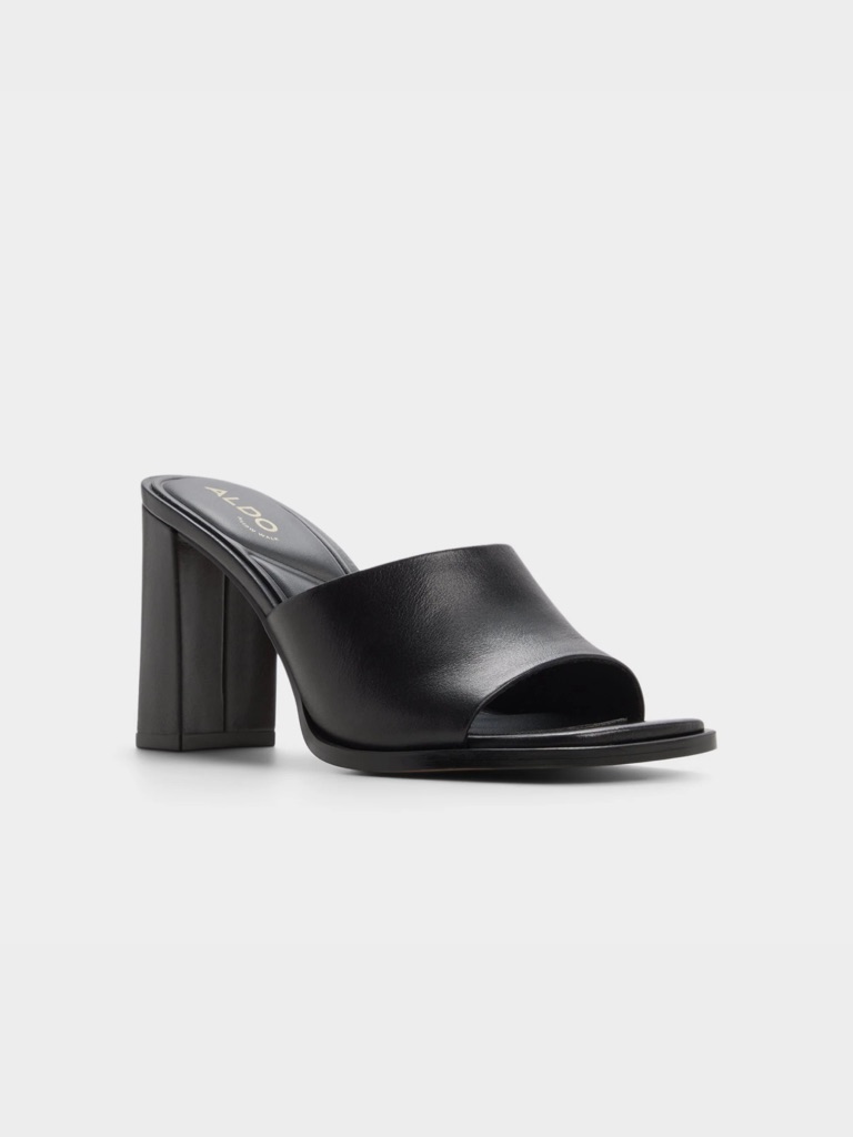 Aldo Black Leather Peep-Toe Block Heel Mule